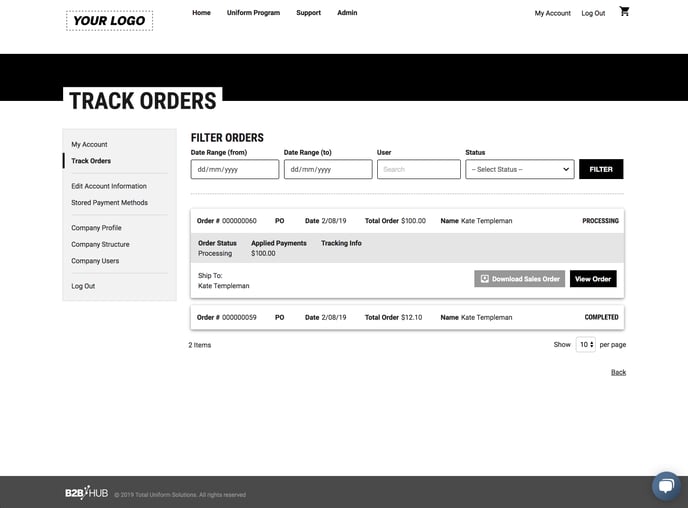 B2BHub-Track Orders Screen example-1