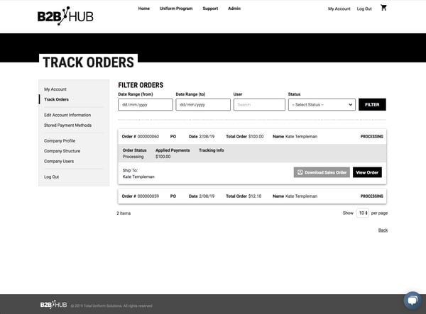 B2BHub-Track Orders Screen